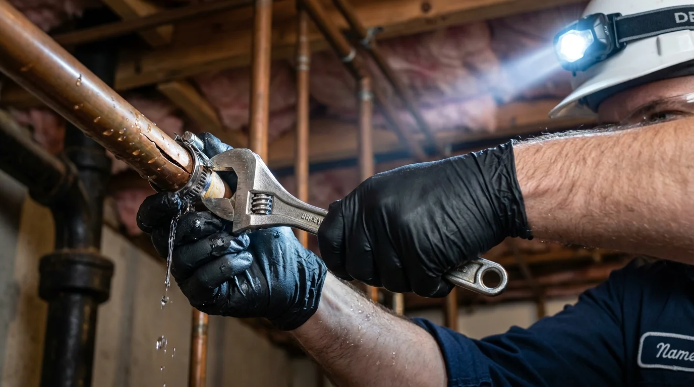 Emergency pipe clamp repair being performed by a Johns Plumbing LLC plumber in Maitland
