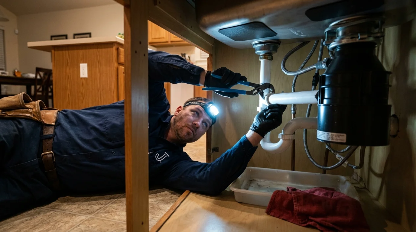 P-trap and supply line connections under a kitchen sink showing a common leak point in Maitland, FL